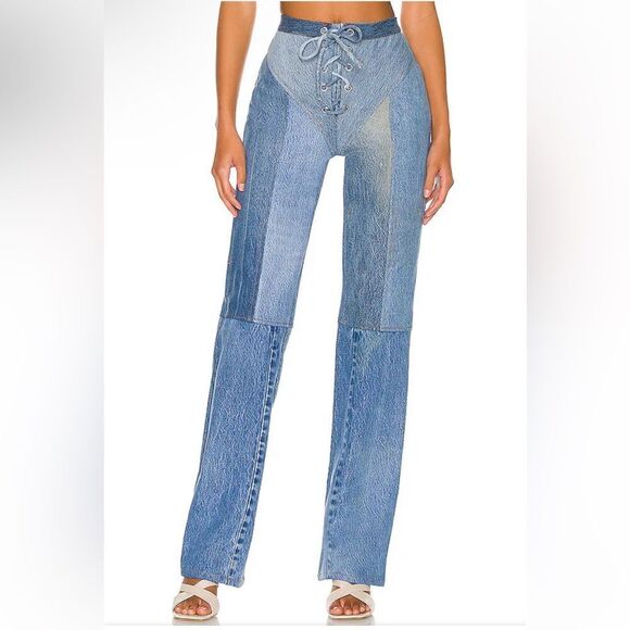 EB Denim Denim - EB Denim Lace up jeans blue patchwork straight leg flares Revolve Sz 2 / S $385